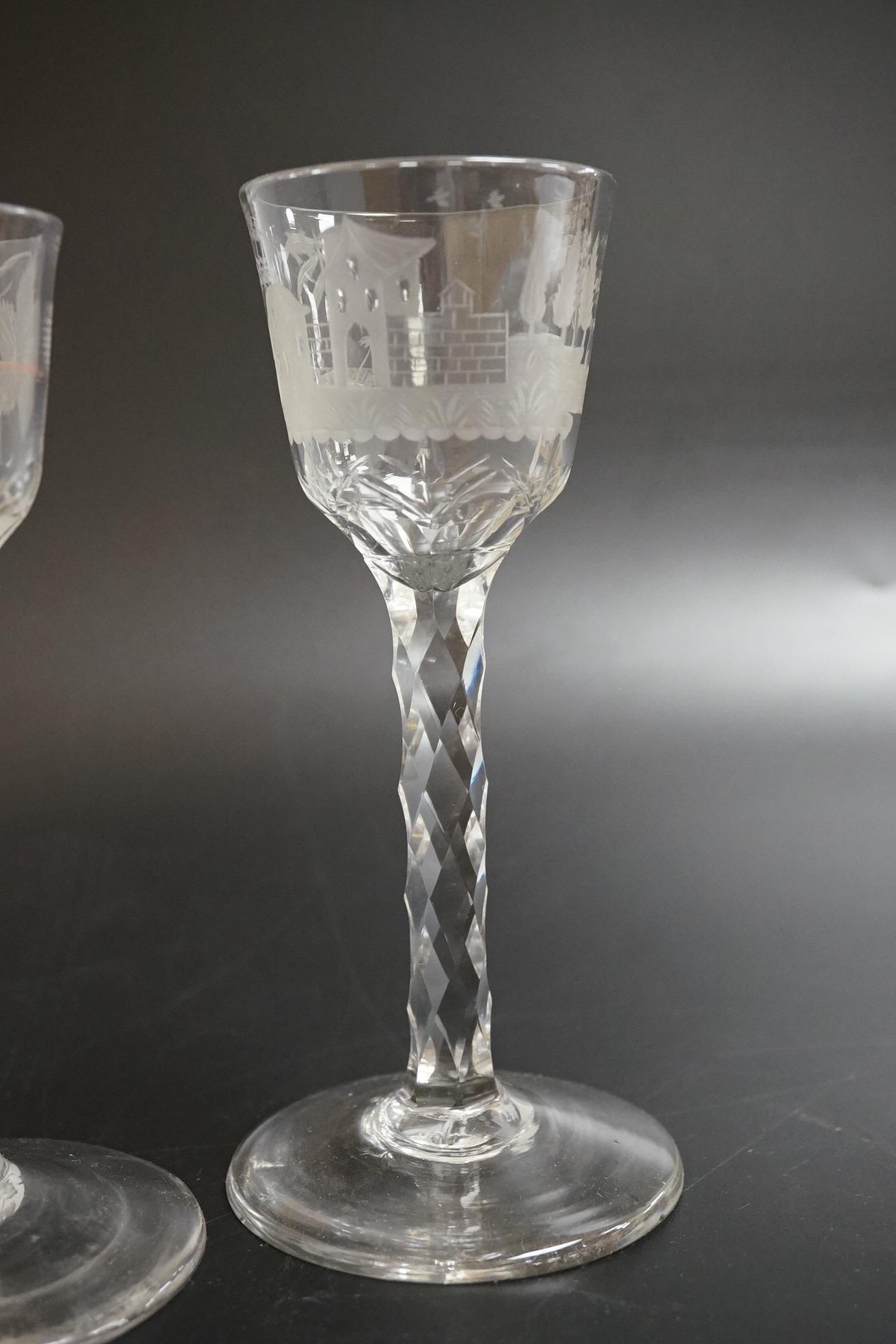 Two faceted wine glasses, c.1780, both with engraved bowls, tallest 15.5cm